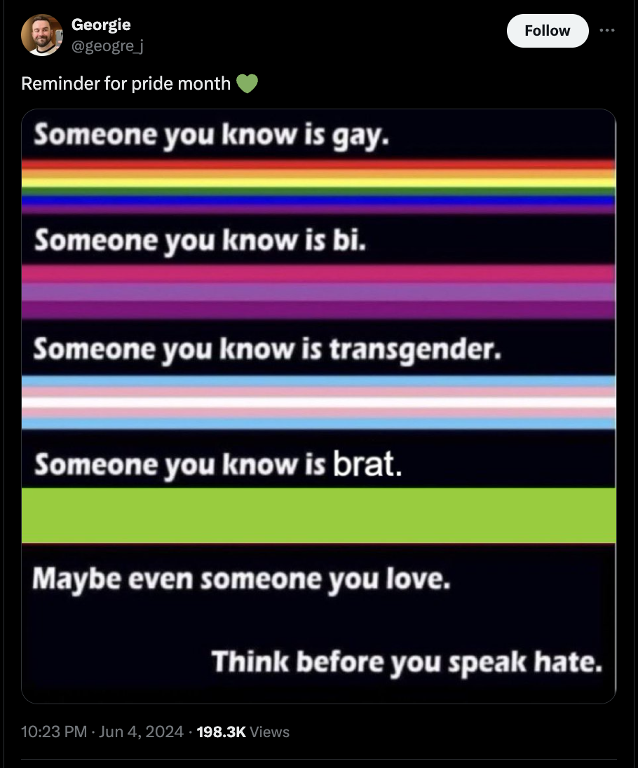 screenshot - Georgie Reminder for pride month Someone you know is gay. Someone you know is bi. Someone you know is transgender. Someone you know is brat. Maybe even someone you love. Think before you speak hate. Views